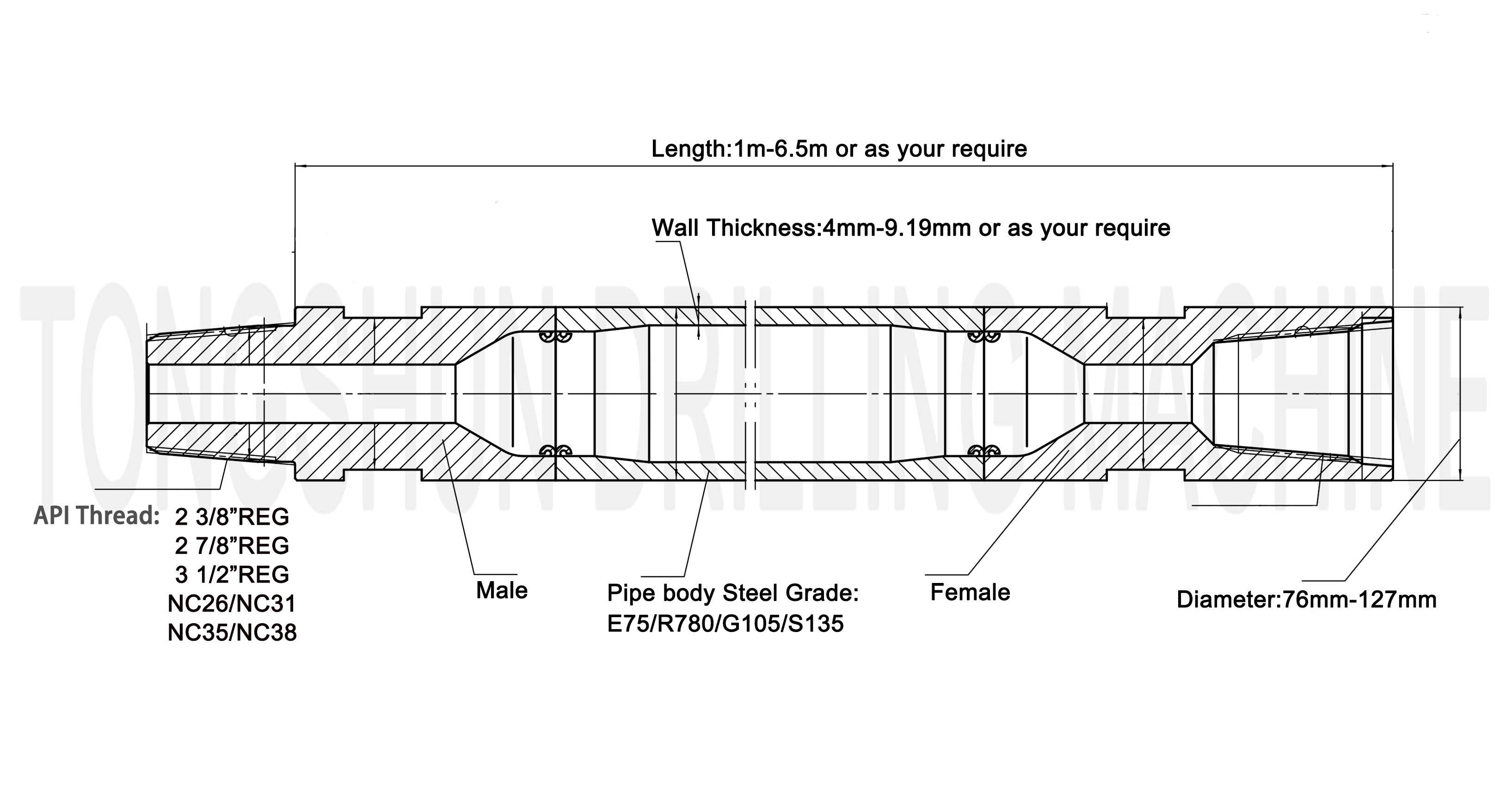 3 Inch 2 7/8 REG DTH Drill Pipe